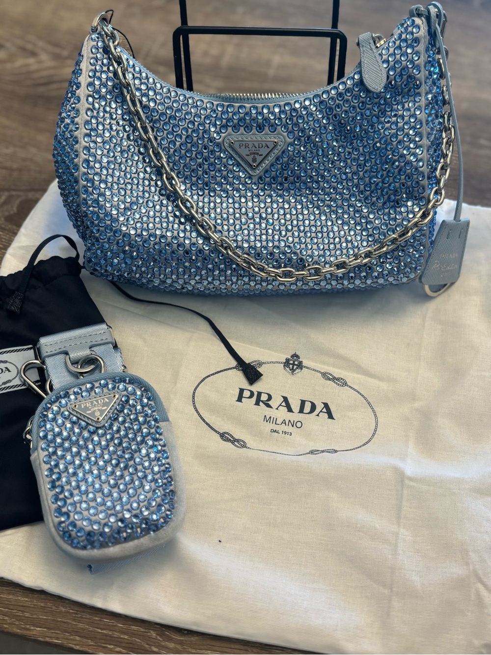 Prada Light Blue Crystal-Embellished Re-Edition 2000 Cleo Shoulder Bag